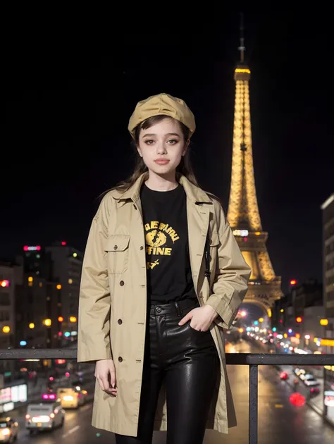 Shiloh8, masterpiece, best quality, 1girl, posing, yellow shirt, full body, beret, furcoat, long hair, black pants, balcony, french, paris, Eiffel Tower in the background, depth of field, extremely detailed