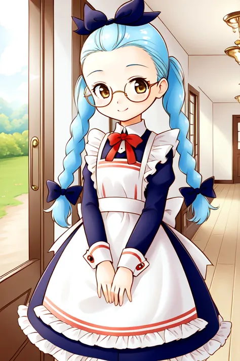 1 girl, open door, standing, smile, hallway,
 <lora:Harvest_Moon_Hero_of_Leaf_Valley_-_Gina:0.5> holvgina, light blue hair, long hair, twintails, braid, hair bow, forehead, brown eyes,
glasses, maid, blue dress, apron,