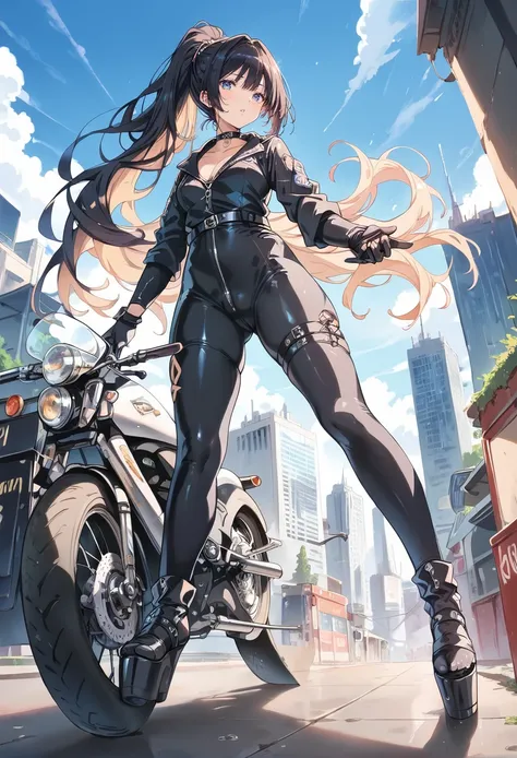 score_9,score_8_up,score_7_up,8k,hd,1girl,ruanyi0284,choker,o-ring,belt,gloves,black bodysuit,platform heels,zipper,boots,from below,,sky,cityscape,blue background,leaning against motorcycle,high ponytail,black hair,very long hair,<lora:0284 black bodysuit...