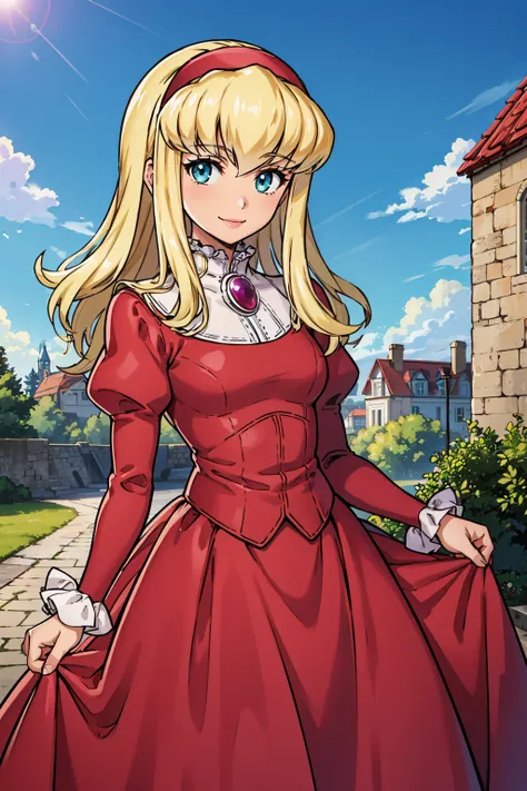 masterpiece, best quality, 1girl, <lora:alexia-nvwls-v1-000009:0.8> defAlexia, red hairband, brooch, red ballgown, puffy sleeves, frilled sleeves, skirt hold, smile, looking at viewer, medieval, outdoors, blue sky, cobblestones