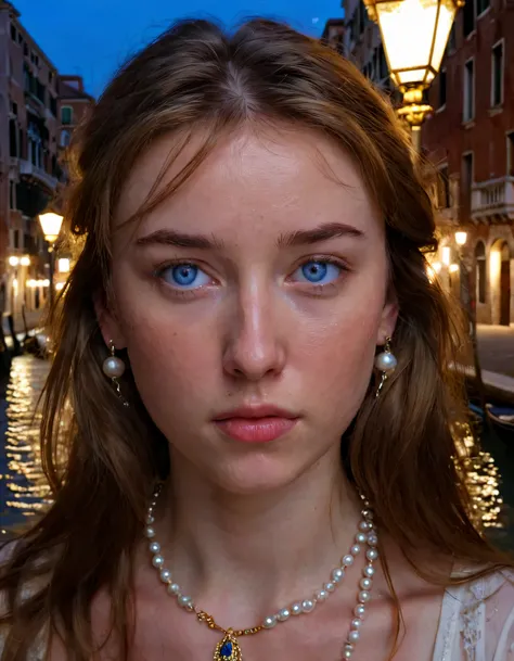 Josie, a woman with blue eyes and long, cascading chestnut hair that shimmered like silk under the soft glow of golden street lamps, stood on the cobblestone streets of Venice, adorned in intricate jewelry that glistened like precious gems against her skin...