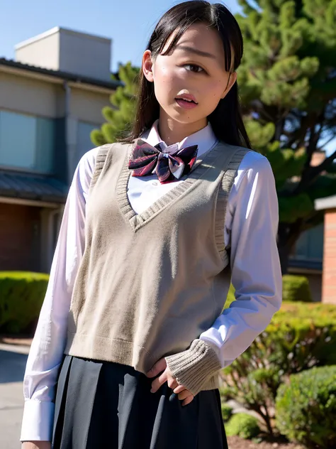 photo of a girl with straight hair in a school uniform, houses and trees in background, Tokyo, (a gray knit vest, a bow tie:1.2) . photorealistic, masterpiece, HDR, 8k, professional lighting, highly detailed