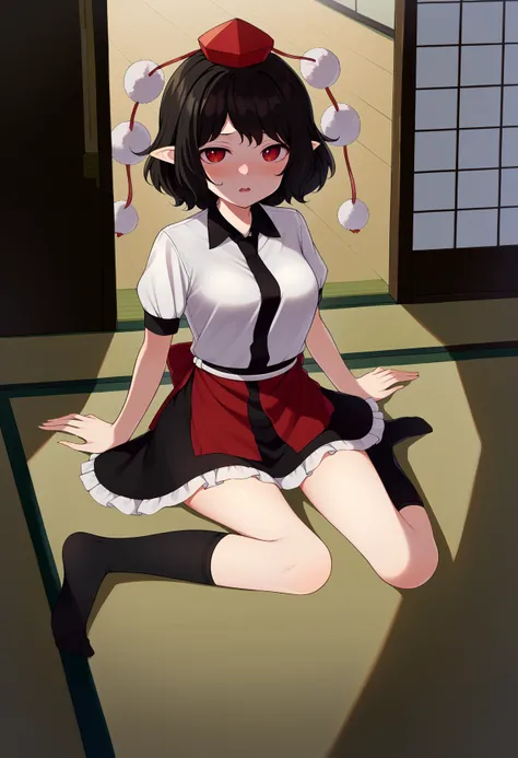 score_9, uncensored, source_anime
BREAK
shameimaru aya, 1girl, solo, breasts, looking at viewer, blush, open mouth, short hair, shirt, skirt, black hair, red eyes, hat, ribbon, sitting, white shirt, short sleeves, frills, parted lips, collared shirt, socks...