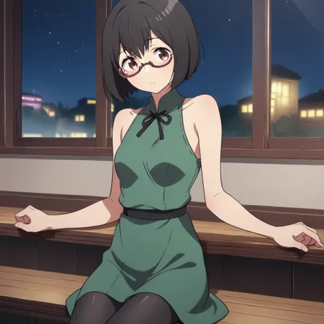 score_9, score_8_up, score_7_up, score_6_up, source_anime BREAK 1girl, solo, <lora:Sorawo Kamikoshi - Otherside Picnic-000004:1>, SorawoUP, brown eyes, black hair, short hair, bob cut, glasses, semi-rimless eyewear, under-rim eyewear, bar (place), window, ...