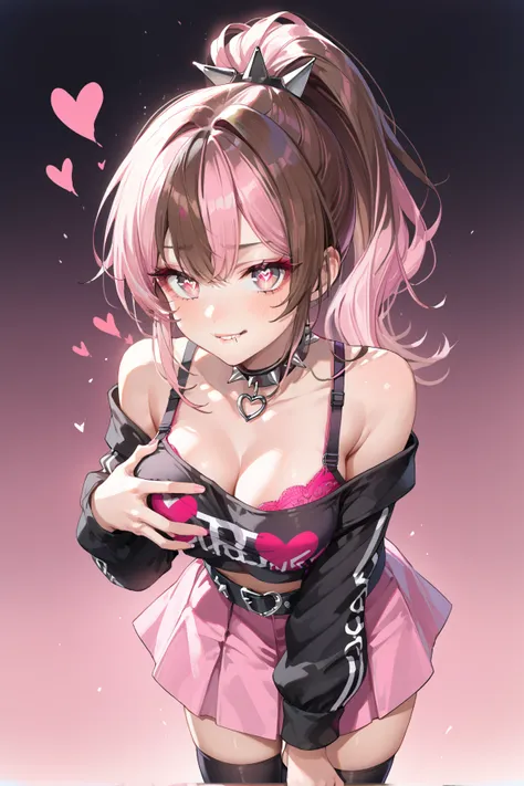  misyune, 1girl, brown hair, split dyed hair, ponytail, pink hair, long  eyelashes, eyeliner, choker, spiked choker, black croptop, off shoulder, pink bra, pink skirt, black belt, hearts, black thigh highs, biting own lip, grabbing own breasts, leaning for...