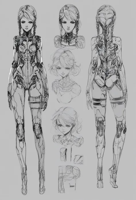 score_9, score_8_up, score_7_up, score_6_up, character sheet, young girl with braids, cyborg, sketch, concept art, yojishinkawa, monochrome <lora:MGS_V3_Pony:1>