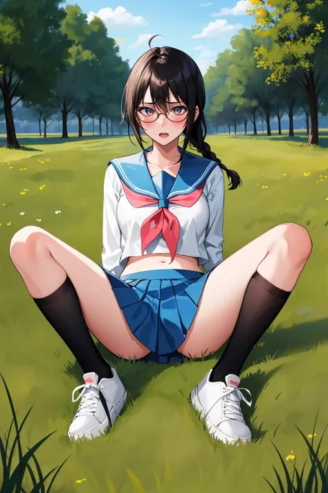 masterpiece, best quality, 1girl,  <lora:yadoumarulisa-nvwls-v1-000010:0.8> yadoumarulisa, single braid, glasses, serafuku, long sleeves, blue skirt, pleated skirt, midriff, sitting, spread legs, black socks, white sneakers, field, tree, city, looking at v...