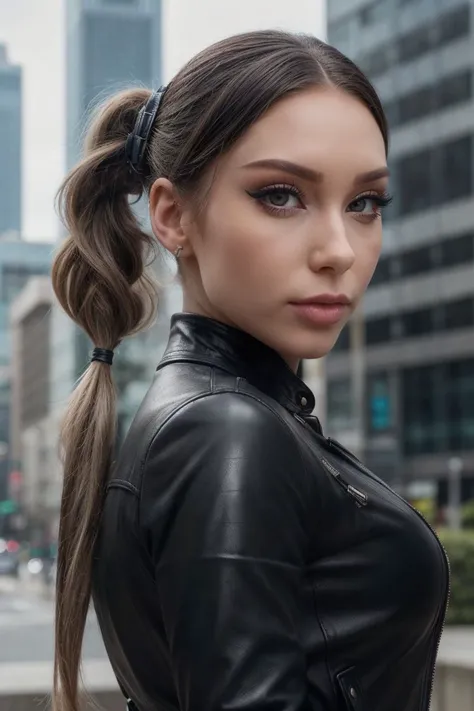 portrait of S432_BekeJacoba,a gorgeous woman,in a (city:1.1),wearing a (leather-jacket),(shirt),(pigtails),(4k, RAW photo, best quality, 50mm, depth of field, ultra high res:1.1),(intricate, photorealistic, cinematic-shot, masterpiece, ultra-detailed:1.1),