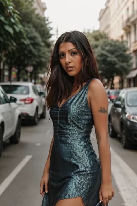 <lora:DestinyDeville:0.8> full color portrait of a young woman, wearing a summer dress, in a crowded street, natural light, RAW photo, subject, 8k uhd, dslr, soft lighting, high quality, film grain, Fujifilm XT3, Nikon D850