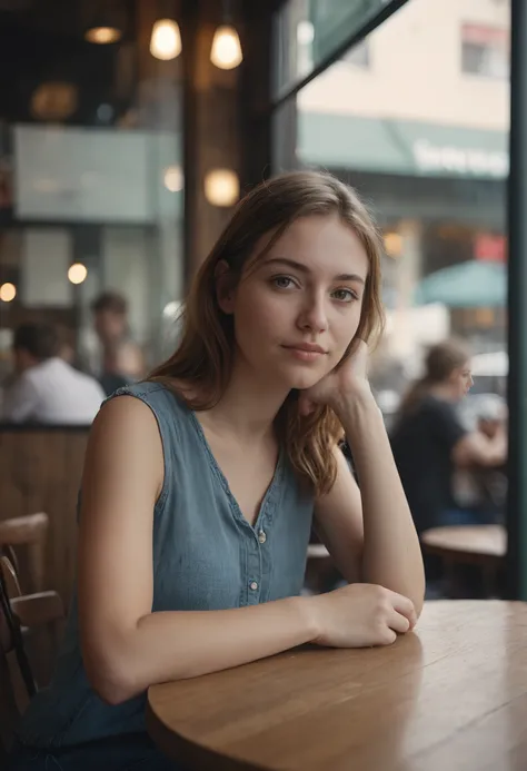 high quality dslr snapshot, high definition film grain photo taken at f/16, ISO 100, global illumination, cinematic photo of a woman sitting at a cafe. 35mm photograph, film, bokeh, professional, 4k, highly detailed