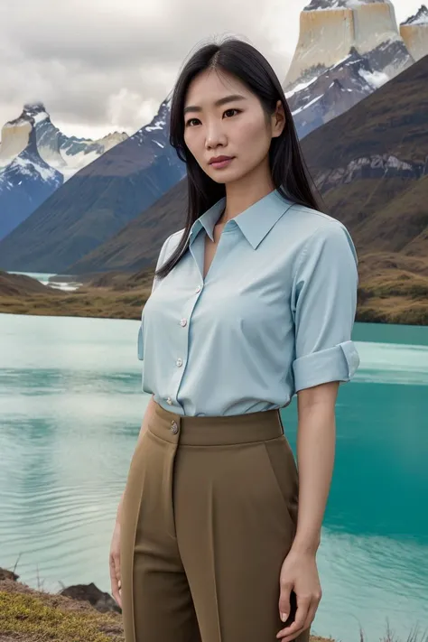 Asian woman, closeup, (shirt), pants, (Torres del Paine), (), KM_chantana, wide shoulders, perfect face, (contact iris: 1.1), pale skin, skin pores , depth of field