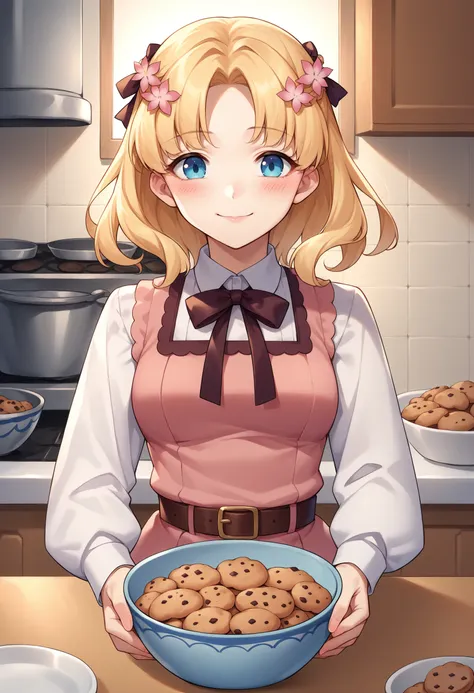 score_9, score_8_up, source_anime, 1girl, solo, MariaCampbell, medium hair, hair flower, hair ribbon, parted bangs, pink dress, white sleeves, long sleeves, bow, belt, kitchen, table, bowl, cookies, :d, smile, blush, <lora:ChamMariaCampbellPonyXL:1>