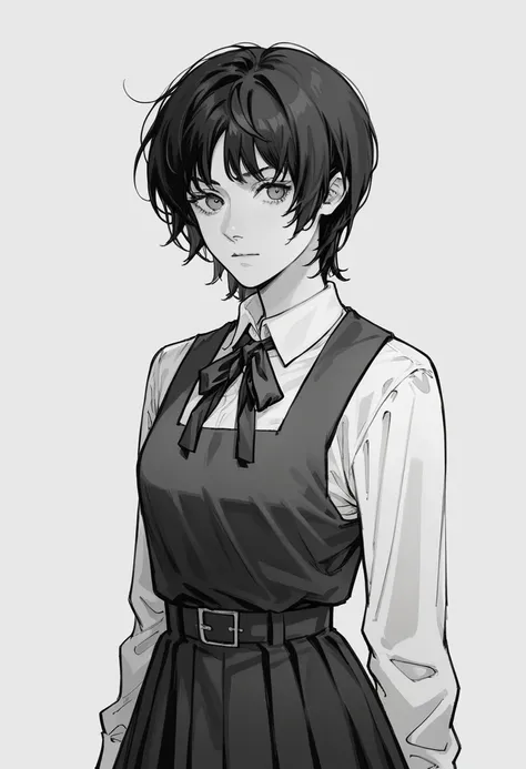 score_9, score_8_up, score_7_up,  sayonara_eri, short hair, black pinafore dres, black ribbon, <lora:Eri_Pony:0.7>, dark, emotionless, monochrome, simple background