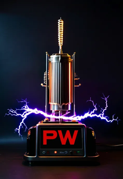 tesla coil turbo fan shaped robot, high voltage lightning, plasma, high quality, highly detailed, raw, dramatic lighting, dark background, text that says PW