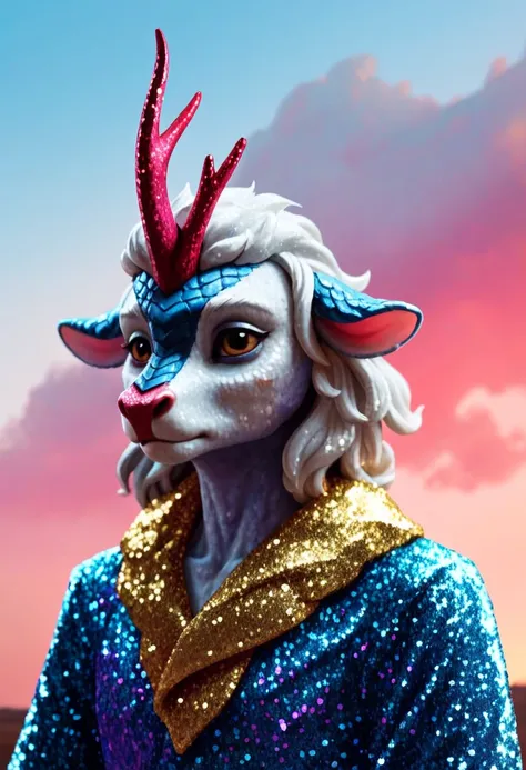 score9, score8up, score7up, score6up, score5up, score4up, beautiful anthro Kirin (Japanese Mythical Creature) portrait, sourcefurry, Glitter-coated, cinnamon and sky blue, Barren Wasteland