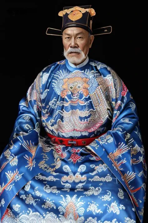 Vietnamese old man,mustache,long white beard,Vietnam court official, blue clothing, sitting,