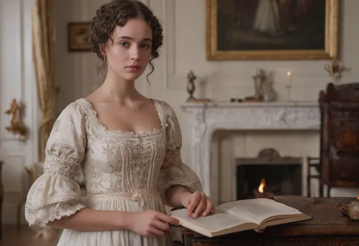 Jane Austen-inspired Regency era fashion, wearing an elegant empire waist gown with intricate embroidery, lace trim, and puffed sleeves, her hair styled in delicate ringlets adorned with a ribbon, standing in a grand Georgian drawing room filled with perio...