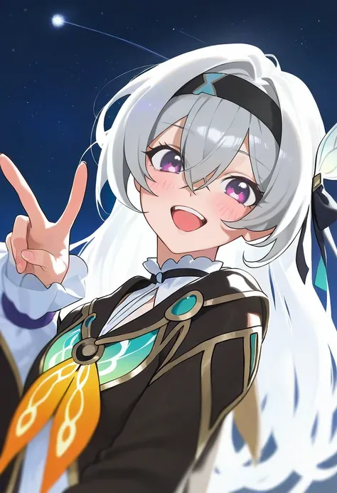 by modare, by yoneyama mai,
firefly (honkai: star rail), 1girl, solo, smile, long hair, hairband, looking at viewer, black hairband, open mouth, purple eyes, v, grey hair, jacket, orange neckerchief, neckerchief, black jacket, teeth, hair intakes, :d, uppe...