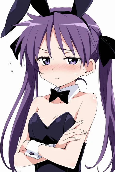 ,white background,
1girl, looking at viewer,, 
<lora:IXY:1>,
hiiragi kagami,twintails, purple hair, hair bow, 
playboy bunny, crossed arms, 
blush,sad,half-closed eyes, upper body,