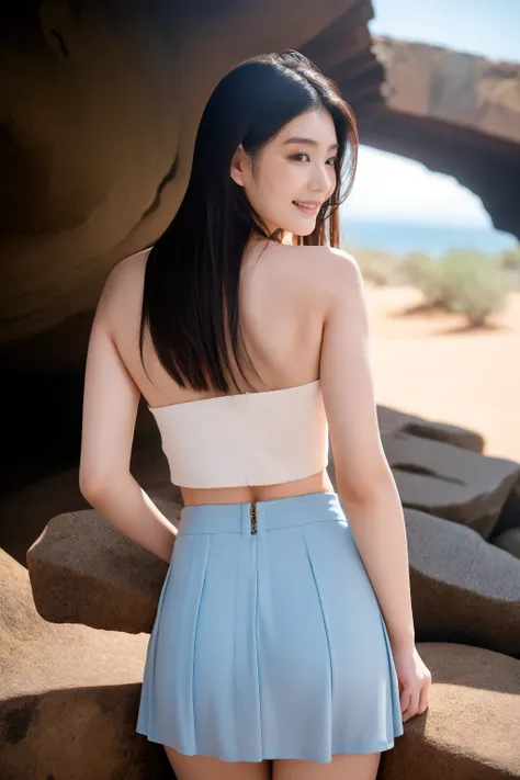 <lora:suzu_honjo_kk:0.9>,best quality,1girl,solo,realistic,light smile,photorealistic,ultra detailed,looking to the viewer,upper body,suzu honjo,crop top,skirt,thighs,waterfall, desert, rocks, morning, clear, harsh, picturesque,Back lighting,