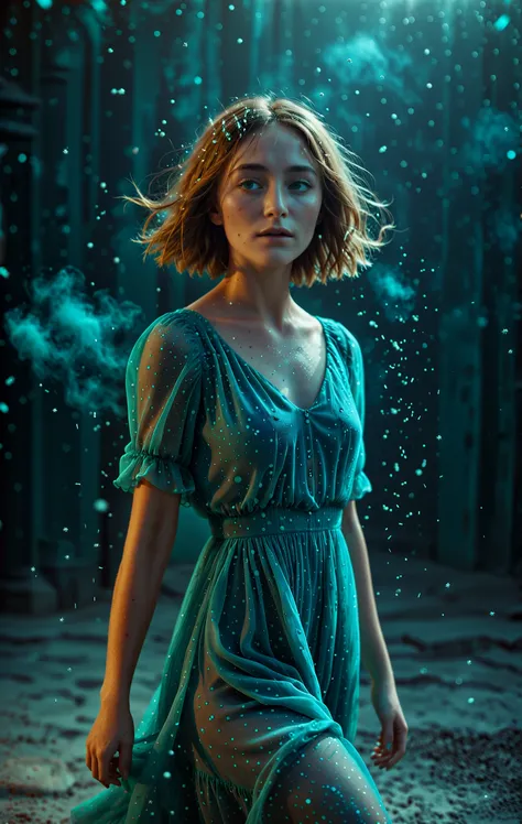 imagine, dream of,cinematic photo cinematic film still Red and Turquoise dust particles, background inspired, extremely detailed CG Unity 8k wallpaper, Tired small John Lennon of Justification, Alluring Midi dress and flats, Fluid movement, Light hair styl...