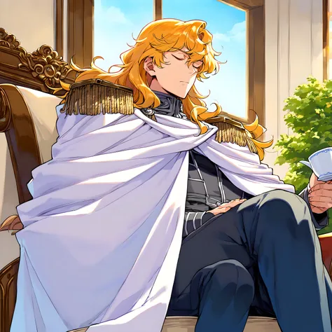 <lora:pony_xl_Reinhard:0.8>,Reinhard,score_9,score_8_up,male,1boy,solo,long hair,male focus,star (sky),uniform,white cape,epaulettes,military,military uniform,military clothing trousers,sitting,closed eyes,cup,window,parody,teacup,we cross our legs,