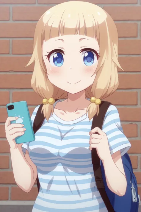 <lora:Nene_Sakura:0.7> Nene Sakura, 1girl, solo, breasts, blush, smile, shirt, holding, closed_mouth, collarbone, upper_body, short_sleeves, outdoors, striped_clothes, bag, phone, blue_shirt, backpack, cellphone, smartphone, holding_phone, striped_shirt, p...