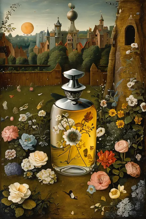 masterpiece,best quality,<lora:tbh189-:1>,style of  Hieronymus Bosch, A bottle of perfume in garden