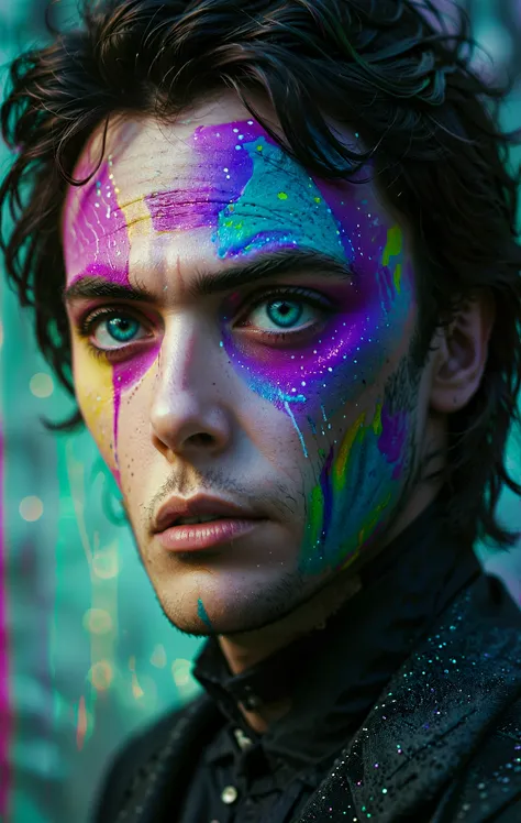 imagine, dream of, cinematic photo cinematic film still colorful, Pastel Goth Art, Ghastly Palestinian Clint Eastwood of Pandora, Dusan Djukaric, Ashcan School, Walter Schnackenberg, A vibrant and lively artwork showcasing a persons face with colorful past...