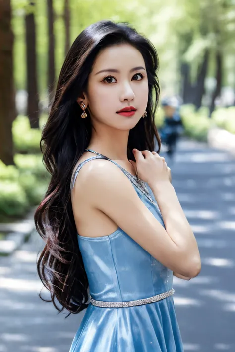 1girl,solo,(masterpiece, best quality),realistic,jewelry,long hair,looking at viewer,earrings,<lora:cdl1:0.7>,outdoors,depth of field,dynamic pose,