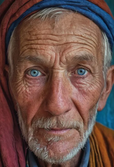 A colorful portrait of an elderly man with a weathered face, inspired by Steve McCurryâs photography. Warm tones, detailed wrinkles, piercing blue eyes, traditional clothing, soft background blur, natural light, textured skin, gentle smile, rich cultural...