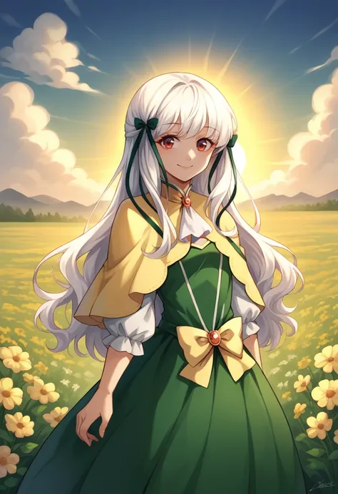 score_9, score_8_up, source_anime, 1girl, solo, SophiaAscart, long hair, hair ribbon, brooch, white ascot, green dress, yellow bow, long sleeves, yellow capelet, outdoors, flower field, smile, sun, backlighting, <lora:ChamSophiaAscartPonyXL:1>