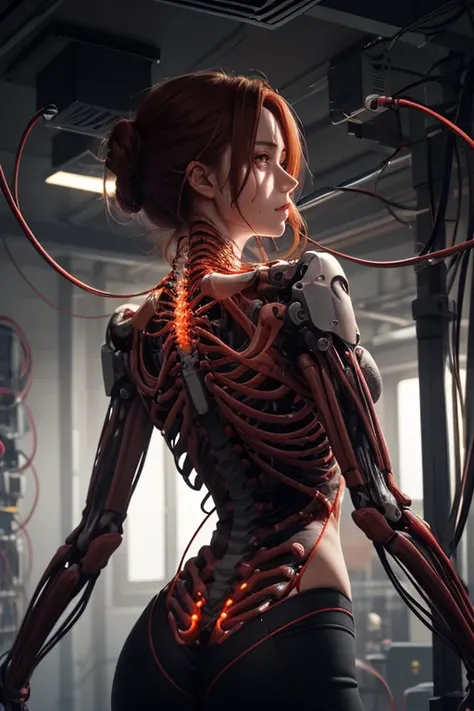 realistic, 1mechanical girl, blood vessels connecting to tubes, ribcage, biomechanical skin, mechanical spine, portrait, from behind, turning around, auburn hair, blood streaks, tubes and cables, intricate details, cables attached to shoulders, wires hangi...