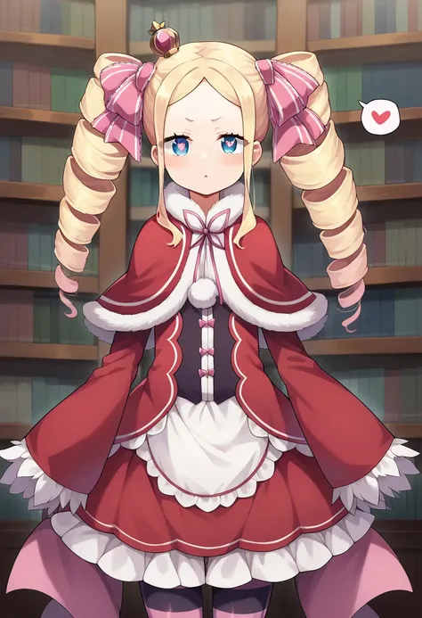 score_9, score_8_up, score_7_up, source_anime, masterpiece,1girl, beatricezero, symbol-shaped pupils, red capelet, red dress, fur trim, frills, frilled dress, frilled sleeves, pom pom (clothes), neck ribbon, striped pantyhose, standing, cowboy shot, spoken...