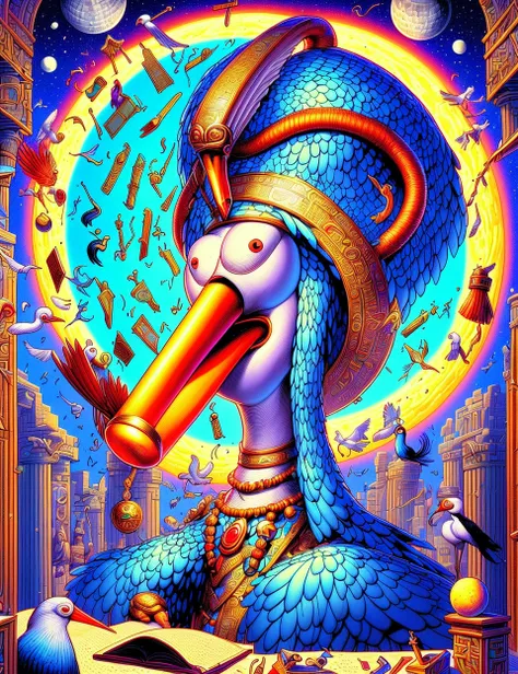 DonMC4745tr0ph1c thoth, god of writing, knowledge, magic, depicted as a man with the head of an ibis, keeper of divine knowledge, associated with the moon and reckoning of time, revered as a wise counselor and magician, guardian of sacred texts
 , <lora:Do...