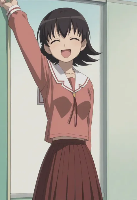 score_9, score_8_up, source_anime, highly detailed, 1girl, solo
tomo, 1girl, solo, school uniform, closed eyes, smile, open mouth, short hair, serafuku,
^ ^, :d, brown hair, full body, arm rised, cleched first,
indoor,