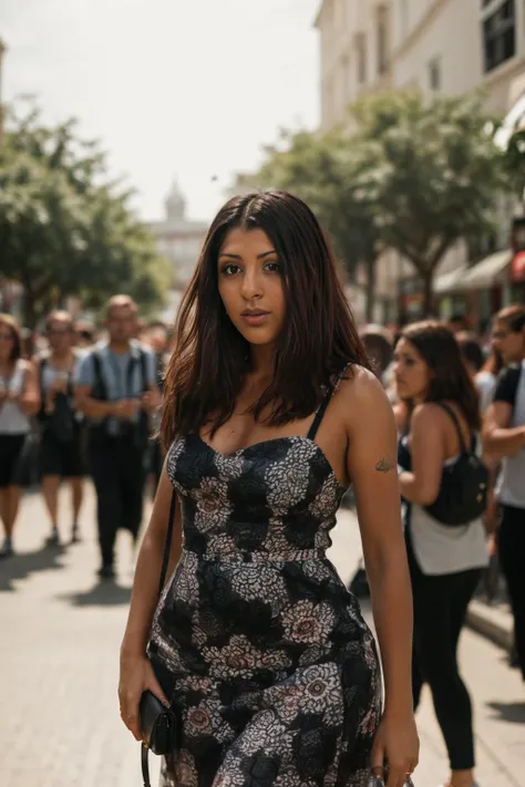 <lora:DestinyDeville:0.8> full color portrait of a young woman, wearing a summer dress, in a crowded street, natural light, RAW photo, subject, 8k uhd, dslr, soft lighting, high quality, film grain, Fujifilm XT3, Nikon D850