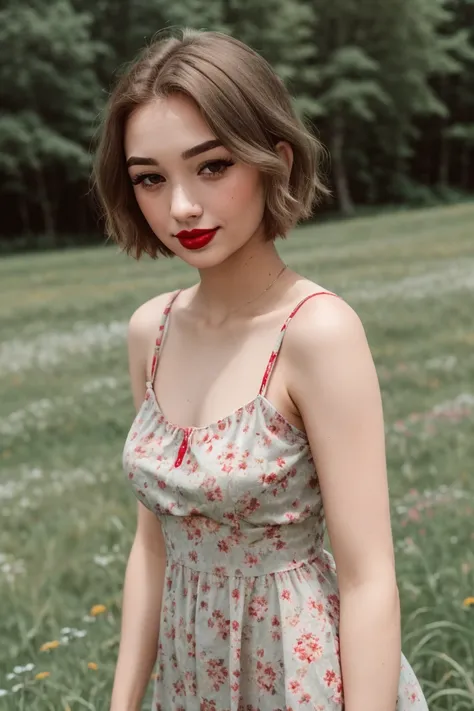 <lora:melissanub-09:0.6>,, melissanub, (epic),((red lipstick, blush)), ,photo of a woman, RAW,  ((beautiful floral print sundress)),((short hair, pixie cut)), ((outdoors, gorgeous meadow, walking)),  8k uhd, dslr, soft lighting, high quality, film grain, F...