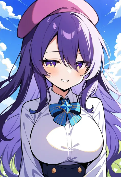 1girl, moona hoshinova, nyori,
long hair, wavy hair, purple hair, purple eyes, white shirt, collared shirt, large breasts, seductive smile, teeth, beret, bowtie, 
field, wind, blue sky, cloud, 
masterpiece, best quality,