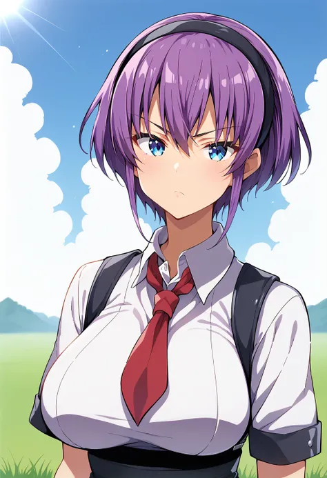 1girl, solo, (field:1.2), (sky:1.2), (sunlight:1.2), upper body, serious, large breasts, 
mizuishi_rikana, blue eyes, purple hair, short hair, hairband, red necktie, school uniform, collared shirt, suspenders, white shirt, high-waist skirt, suspender skirt...