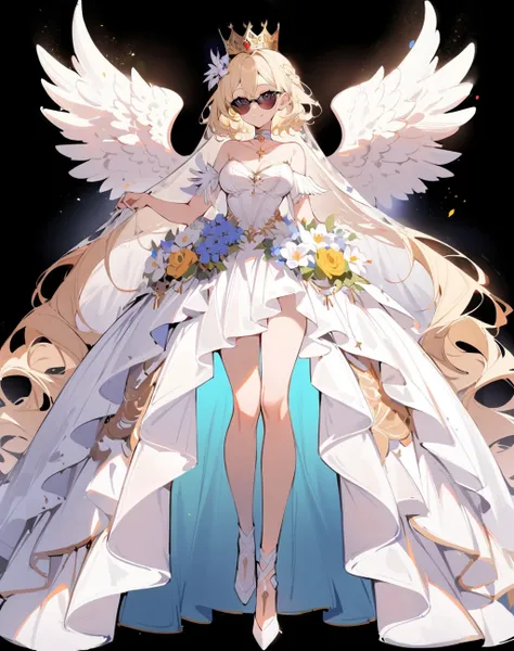 1girl,solo,smile,blonde woman,sunglasses,choker
edgTF,  breasts, simple background, full body, flower, white hair, wings, white dress,  crown, black background, veil, facing viewer, angel wings ,wearing edgTF_dress
 <lora:edgFantasySDXL:1>
masterpiece,best...