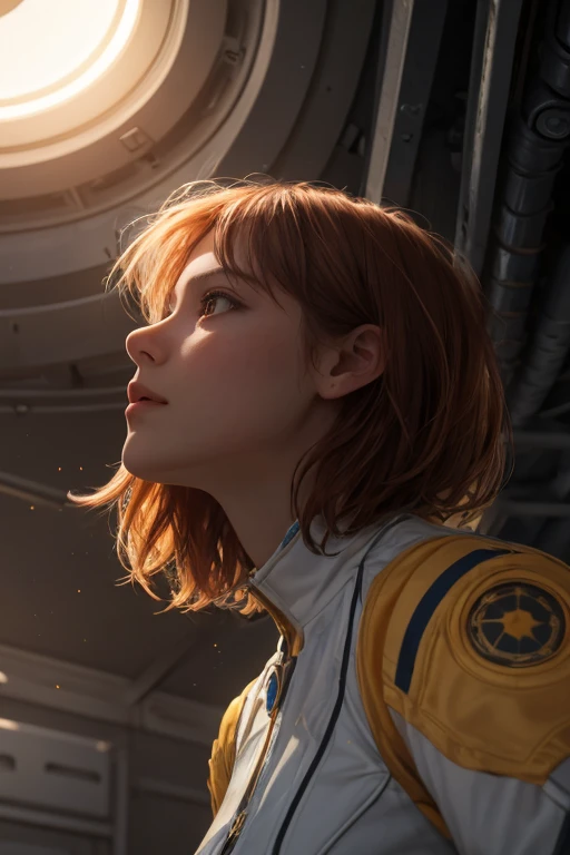 a bright sun, (light on the ceiling:1.2),  cinematic lighting, spaceship interior, from below, 1mechanical girl, (looking up at light:0.3), auburn hair, short hair, profile, fcPortrait, bokeh, floating dust, global illumination, intricate details