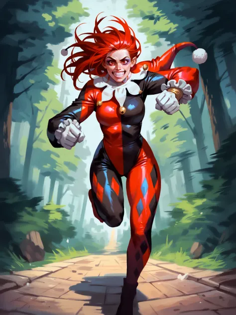 1girl, jester, red hair, long hair, red eyes, jester outfit, smirk, running, jumping, battle stance, crazy, dynamic angle, outdoors, forest, solo,  <lora:L2:0.8>, score_9, score_8_up, score_7_up