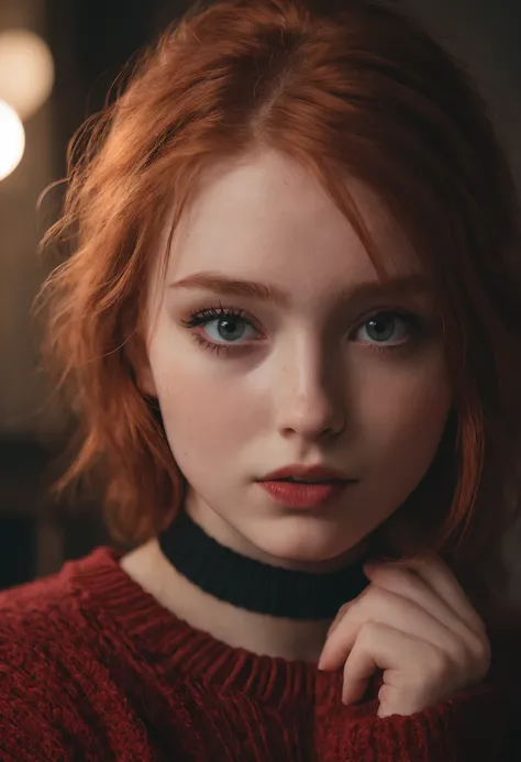 raw photo, (18yo redhead girl:1.2), makeup, graphic eyeliner, rouge, (choker:0.9), realistic skin texture, oversize knit sweater, (red:0.8), softcore, warm lighting, cosy atmosphere, instagram style, high quality dslr snapshot, high definition film grain p...