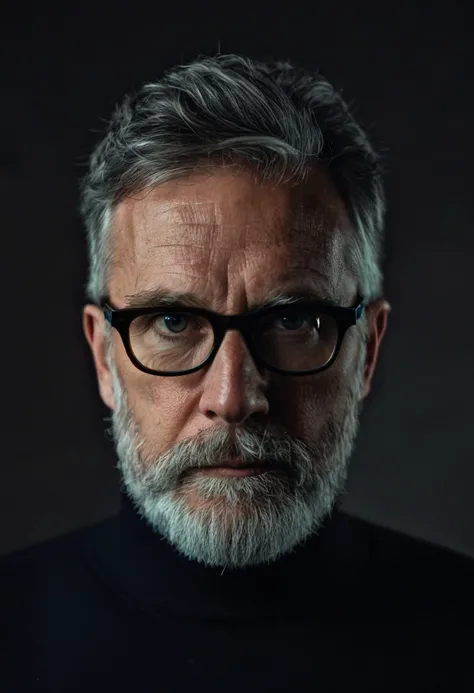 Intense Gaze, color analog photograph, man with gray hair and beard, round glasses, black turtleneck, serious expression, portrait, dark background, subdued lighting, sharp focus on face, shallow depth of field, hint of mystery, contemplative mood, natural...