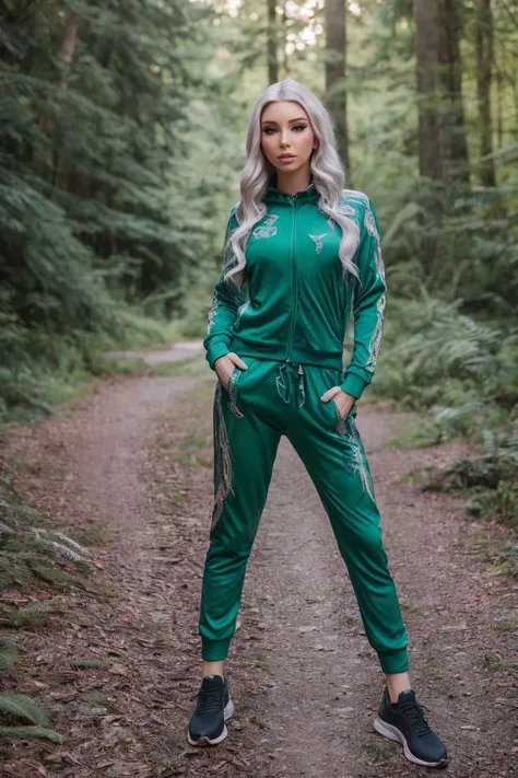 photo of S432_BekeJacoba,a stylish woman,in a (forest:1.1),wearing a (tracksuit),(sunset),(4k, RAW photo, best quality, 50mm, depth of field, ultra high res:1.1),(intricate, photorealistic, cinematic-shot, masterpiece, ultra-detailed:1.1),