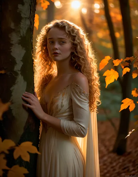 Morgan, the girl with long cascading golden curls and emerald eyes that sparkle like starlight, stands alone in a twilight-kissed forest glade, her body delicately draped in an ivory silk gown, as she gently traces the outline of an ancient trees bark with...