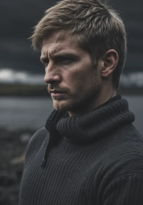 professional photo, closeup portrait photo of caucasian man, wearing black sweater, serious face, dramatic lighting, nature, gloomy, cloudy weather, bokeh, oil painting, dark shot, Iceland, dramatic, extremely detailed, intricate, by Greg Rutkowski