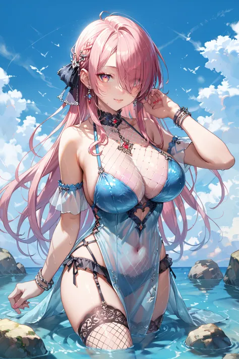  misyune, 1girl, fishnets, pink hair, thighhighs, red hair, solo, hair over one eye, wading, see through, large breasts, blue gradient background <lora:Misyunebrite:0.7>