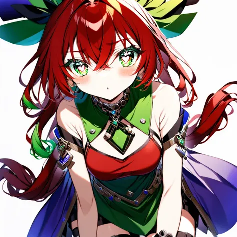 v arms, thigh strap, bare shoulders, red shirt, 1boy, alternate hair length, gradient hair, child, red hair, multicolored eyes, :d, sleeveless dress, half gloves, purple nails, floating hair, blue bow, double bun, necklace, black nails, gloves, parted bang...